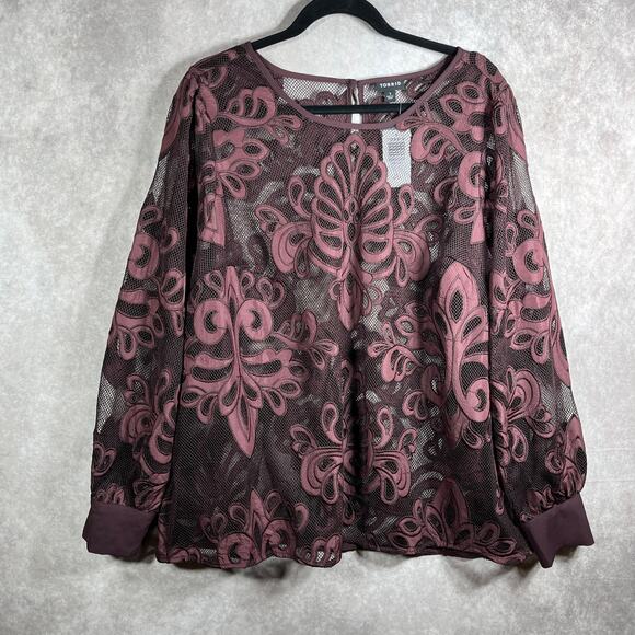 torrid Tops - Torrid Blouse Womens 1X Purple‎ Mesh Embroidered Long Sleeves Sheer Art NEW